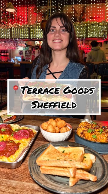 A review of Terrace Goods in Sheffield, highlighting their Detroit-style pizza, vegan options, and the venue's atmosphere, including the terrace area.