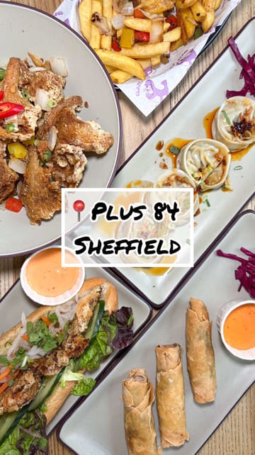 A fast-paced, engaging reel showcasing a variety of vegan Vietnamese dishes at Plus84, located within the Cambridge St. Collective food hall in Sheffield. The video features close-ups of the food, the creator trying the dishes, and a brief look at the venue's interior and menu.