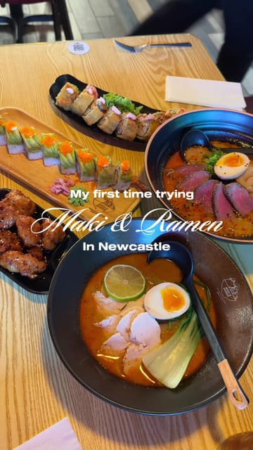 A review of Maki & Ramen in Newcastle, featuring a variety of dishes including chicken laksa, steak tataki, and various sushi rolls. The video captures the restaurant's interior, the menu, and the dining experience.