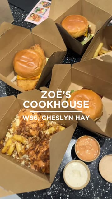 A review of a takeaway meal from Zoe's Cookhouse, featuring burgers, loaded fries, and dips.