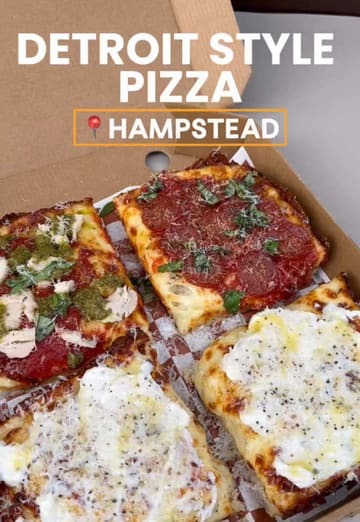 A short, punchy reel showcasing Detroit-style pizza slices from a market stall in Hampstead, featuring close-ups of the food and the venue's menu.