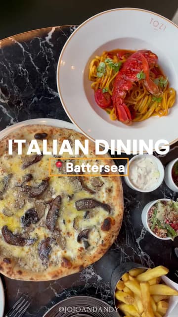 A polished video showcasing the food and interior of Tozi, an Italian restaurant located in Battersea. The video features close-ups of dishes like lobster linguine and truffle mushroom pizza, as well as shots of the restaurant's interior and outdoor terrace.
