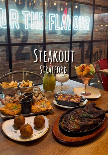 A montage of various dishes and drinks at Steakout, featuring close-ups of food preparation and presentation, such as sauce pouring, cheese pulls, and sizzling steaks, set to music.