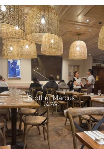 A vlog-style review of a meal at Brother Marcus, showcasing the interior, menu, various mezze dishes, mains, and cocktails.