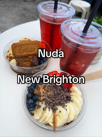 A vlog-style review of a new cafe called Nuda in New Brighton, showcasing their acai bowls, iced coffees, and aesthetic interior.