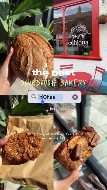 A creator visits Echidna Bakery in Hoole, Chester, showcasing the exterior, interior, and a variety of baked goods including sourdough, a Tim Tam monkey bread, and an Anzac biscuit, followed by a taste test.