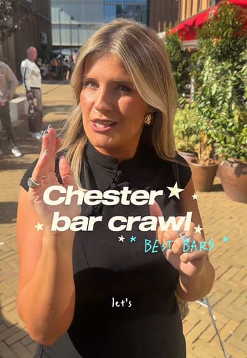 A fast-paced vlog-style reel following a creator on a bar crawl through Chester, visiting several venues including Cafe Barbette, TBC, Flat Earth, and Bar Lounge. The video features the creator narrating the route, showcasing drinks like wine and margaritas, and capturing the atmosphere of each spot.