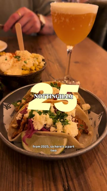 A compilation video featuring several restaurants in Nottingham, showcasing a variety of dishes including roast dinners, tacos, ramen, and curries. The video uses quick cuts and handheld footage to maintain a high-energy, engaging pace.