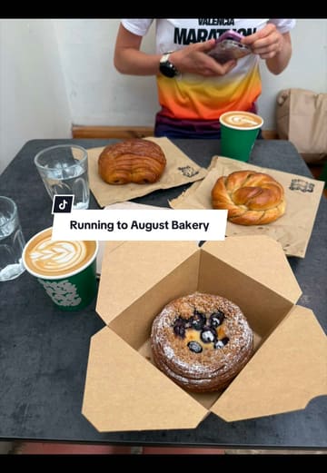 A creator documents a 'bakery run' in London, starting with a morning jog and ending with a visit to August Bakery to try their pastries.