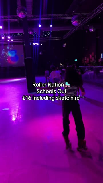 A short, energetic video showcasing a roller skating session at Roller Nation, highlighting the rink, the venue's atmosphere, and available food options.