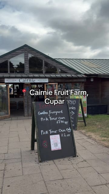 A vlog-style video documenting a family trip to Cairnie Fruit Farm in Cupar, Scotland. The video highlights the strawberry and cherry picking experience, various children's activities like the maze and slides, and a visit to the on-site cafe for lunch.