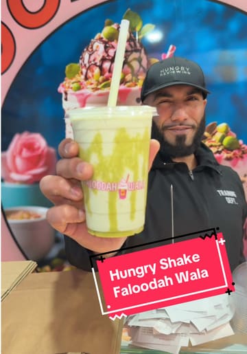 A video featuring a creator at Faloodah Wala in Preston, demonstrating the preparation of a pistachio milkshake and getting a second person to review it.