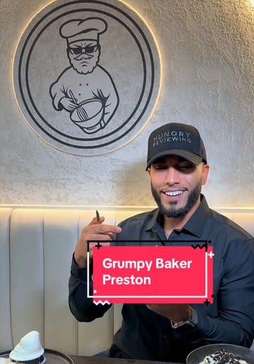 A promotional video for 'The Grumpy Baker' in Preston, featuring a creator highlighting their cheesecake giveaway. The video includes shots of various cheesecakes being drizzled with sauces, the venue's interior and exterior, and the creator enjoying the desserts and mocktails.