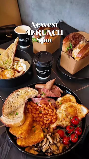 A montage showcasing the brunch and coffee offerings at Joe & Co, featuring close-ups of dishes like Turkish eggs, a full English breakfast, and sandwiches.