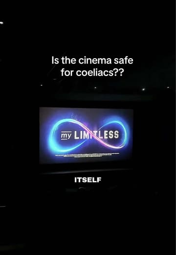 A short vlog-style video highlighting gluten-free snack options available at an Odeon cinema, including Tango Ice Blasts, popcorn, and various sweets.