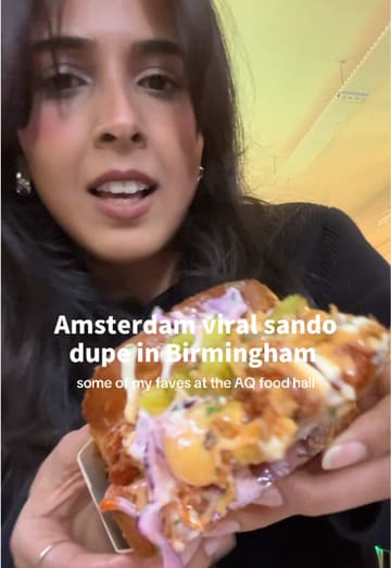 A creator visits the AQ Food Hall in Birmingham to try several viral-style food and drink items, including a sando from Kohitayn, a matcha drink from Fat Belly, a brownie-cookie from Kacao, and frozen yogurt from Frost + Froth.