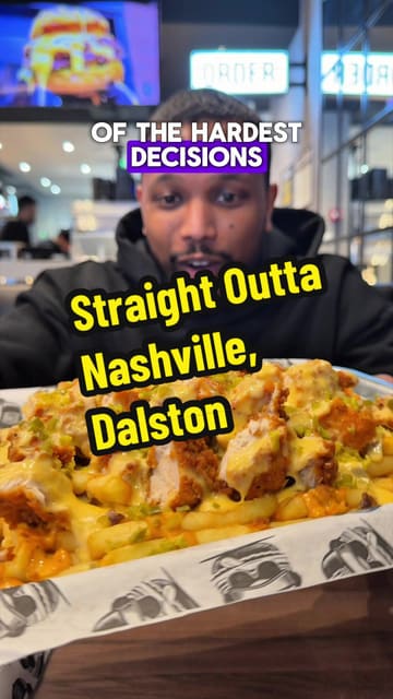 A review of a burger venue called Straight Outta Nashville, featuring two different burgers, loaded fries, milkshakes, and cheesecake. The creator provides commentary on the taste and texture of each item.