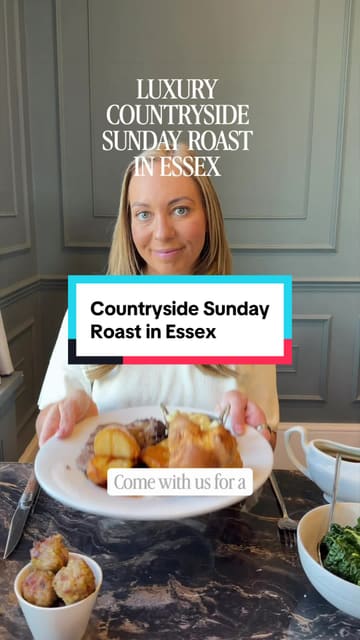 A creator visits Downham Hall Hotel in Essex to review their Sunday roast. The video features shots of the hotel exterior, the elegant dining room, the menu, drinks, and close-ups of the food, including scallops and a traditional roast dinner.