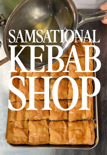 A high-energy home cooking video featuring a creator preparing a variety of Turkish-inspired dishes, including kebabs, pide, lamb chops, chicken wings, baklava, and cheesecake, using an outdoor pizza oven on a balcony.