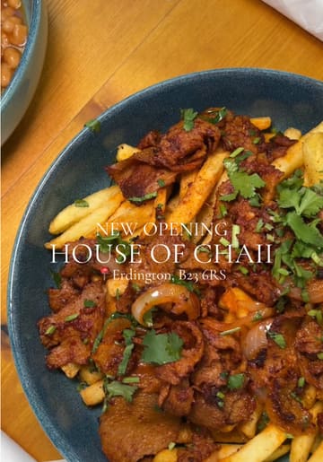 A short promotional reel for House of Chaii in Erdington, featuring a variety of menu items including pistachio pancakes, a jacket potato, masala donner kebab, and various drinks, alongside shots of the cafe's interior.