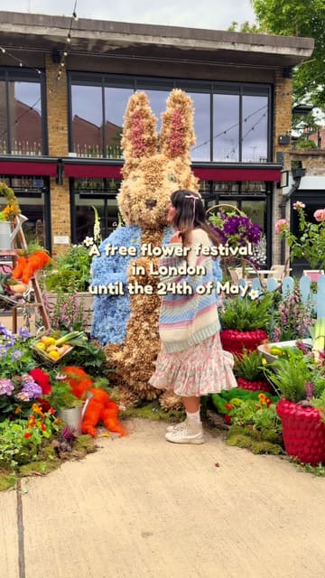 A montage video showcasing various elaborate floral displays across Chelsea and Belgravia as part of a flower festival. The creator visits multiple locations, posing with the installations, which feature themes like fairytales and space.