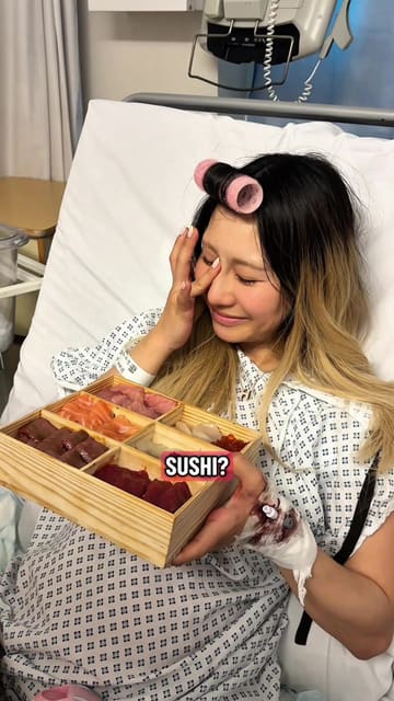 A husband surprises his wife in the hospital with a high-quality sushi platter from Tori Nori after she gives birth, ending her 9-month wait for sushi.