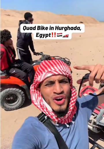 A travel vlog documenting a quad biking excursion in the desert of Hurghada, Egypt. The creator covers the process from signing safety forms and purchasing a headscarf to the actual ride through the desert, providing price information and personal commentary throughout.