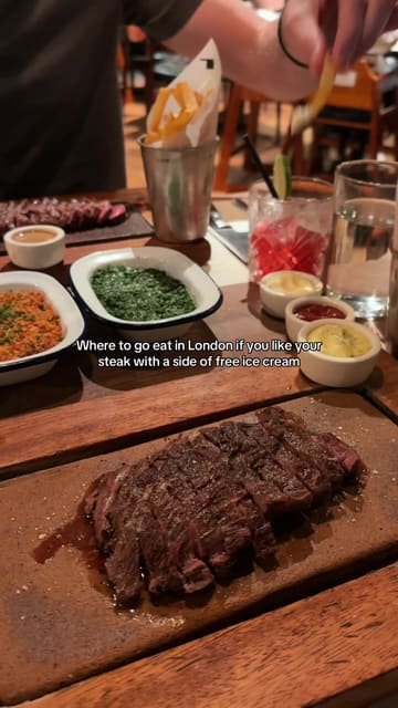 A short, punchy review of a visit to Flat Iron, highlighting the steak, sides, cocktails, and the complimentary soft-serve ice cream. The video uses quick cuts to show the dining experience, from the initial steak and sides to the final dessert.