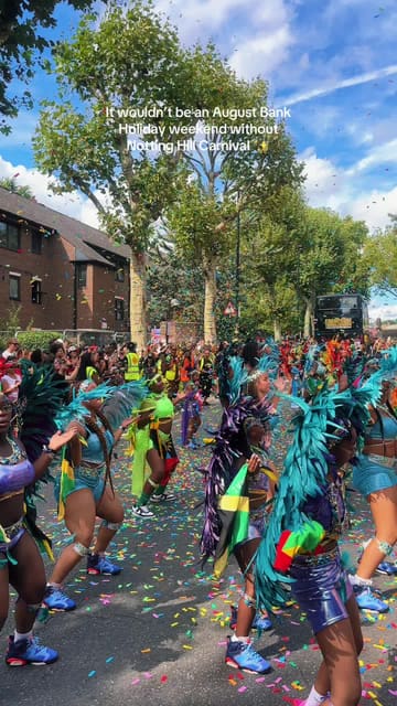 A vibrant montage of the Notting Hill Carnival Children's Parade, featuring dancers in elaborate costumes, steel bands, and crowds celebrating the 60th anniversary of the event.