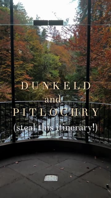 A travel itinerary guide for a day out in Dunkeld and Pitlochry, Scotland, highlighting a bakery, local shops, a chocolatier, a hotel, and a waterfall walk.