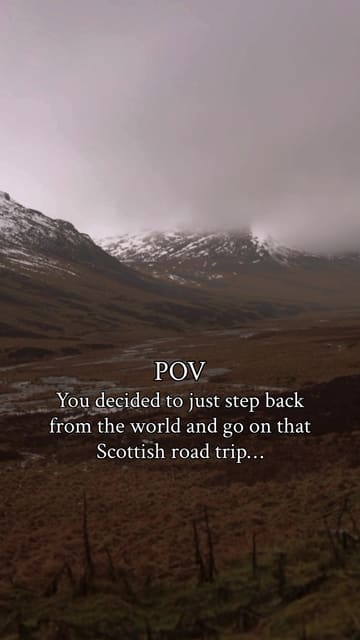 A cinematic montage capturing a road trip through the Scottish Highlands, featuring scenic landscapes, a dog, and a brief stop at Pine Trees Hotel in Pitlochry.