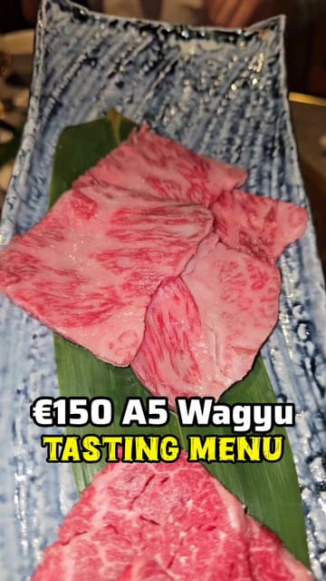 A review of a new Japanese Yakiniku restaurant in Dublin, focusing on their €150 A5 Wagyu tasting menu. The video features close-ups of the raw and cooked meat, the cooking process on the grill, side dishes, and the restaurant's interior.
