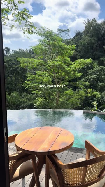 A travel-focused reel showcasing the scenic beauty of a resort in Ubud, Bali, featuring shots of an infinity pool, a waterfall, rice terraces, and a coffee tasting experience.