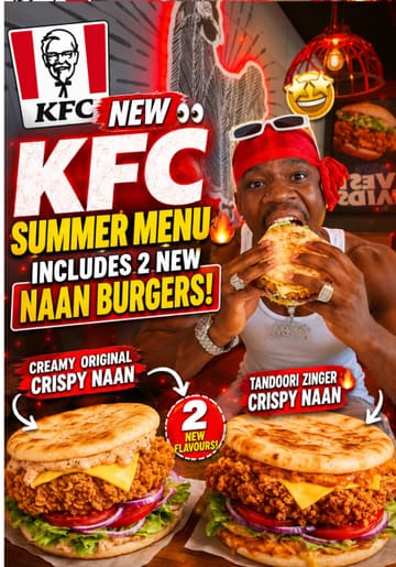A high-energy promotional video featuring an influencer visiting a KFC kitchen to showcase the preparation of new menu items, specifically naan burgers and chicken tenders with various dipping sauces.