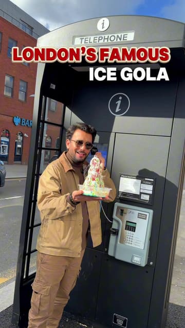A vibrant, fast-paced video review of an ice gola street food stall in Harrow, London. The creator introduces the product, shows the detailed preparation process including the shaving of ice and addition of various syrups and toppings, and interviews the owner about the popularity and quality of the dessert.