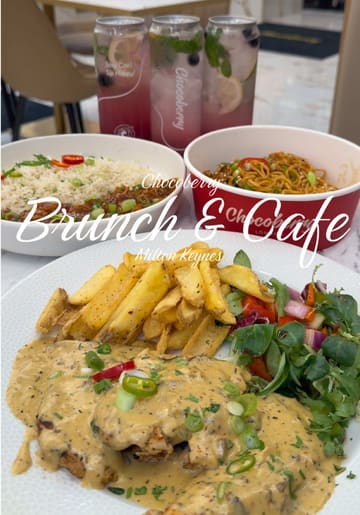 A promotional montage for Chocoberry in Milton Keynes, featuring a variety of dishes including Asian-fusion mains, desserts, and drinks, set against the cafe's floral-themed interior.