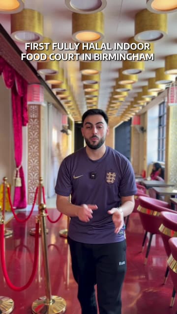 A fast-paced vlog-style tour of a new indoor food court in Birmingham, featuring a variety of vendors including a coffee shop, a bakery, an acai bowl spot, a noodle bar, and a dessert/drink stall. The creator walks the viewer through the space, highlighting specific dishes from each vendor.
