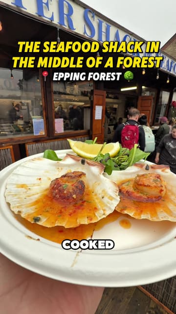 A review of the Oyster Shack & Seafood Bar in Epping Forest, highlighting its unique forest location, fresh daily seafood deliveries, and menu items like chilli and lime king scallops and mango-curried butterfly prawns.