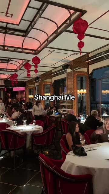 A video review of Shanghai Me in London, featuring a variety of vegetarian Pan-Asian dishes including padron peppers, spring rolls, sweetcorn soup, sushi, fried rice, and noodles. The creator highlights the aesthetic interior and the quality of the food, recommending it for date nights or group outings.