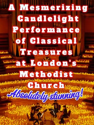 A short video showcasing a 'Candlelight' classical music concert held inside a London church. The footage focuses on the thousands of LED candles illuminating the venue and the string quartet performing, creating a serene and atmospheric mood.