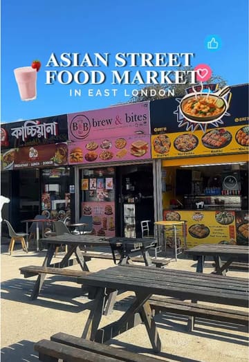 A fast-paced tour of Newham Food Village in East London, highlighting various Asian street food stalls including Kacchiana, Brew & Bites, Jhal Point, Shahi Kebab, and Nepalese Bites.
