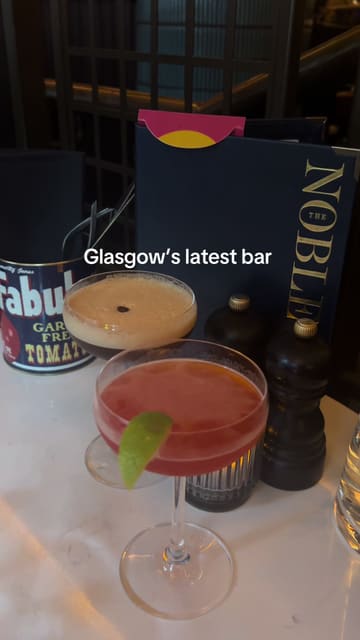 A short promotional video for The Noble in Glasgow, showcasing their interior, live music, cocktails, and a shared Caesar salad and fries platter deal.