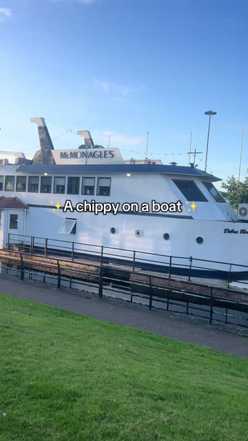 A video tour of McMonagles, a unique fish and chip shop located on a floating boat on a canal in Clydebank, showcasing the exterior, interior, menu, and food offerings.