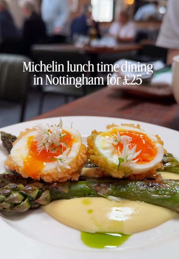 A short, informative reel showcasing a lunch deal at a Michelin Bib Gourmand restaurant in Nottingham. The video features shots of the interior, the menu, and various dishes, effectively communicating the value and quality of the offer.
