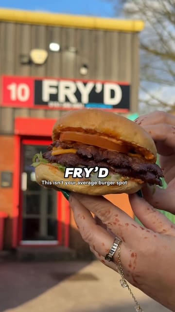 A fast-paced montage showcasing various menu items from a burger and takeaway spot called FRY'D, including smash burgers, loaded fries, lamb ribs, and milkshakes.