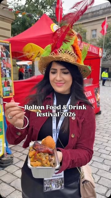 A vibrant vlog showcasing the Bolton Food & Drink Festival, featuring a wide array of street food stalls, artisan markets, live entertainment, and family-friendly activities. The creator highlights specific menu items like samosa pav, mac and cheese, churros, and pizza, while capturing the lively atmosphere of the event.