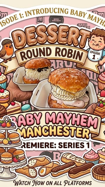 The creator visits Baby Mayhem in Manchester to review their signature gelato-stuffed donuts, trying three different varieties and providing enthusiastic feedback on the taste and texture.