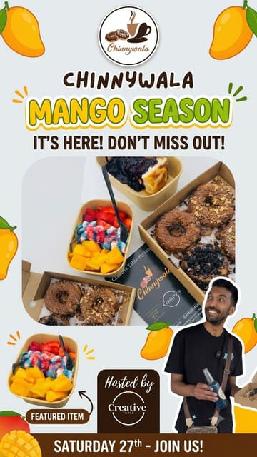 A creator reviews a street food stall called Chinnywala, showcasing their mango-themed desserts, loaded donuts, cheesecake, and a blue drink.