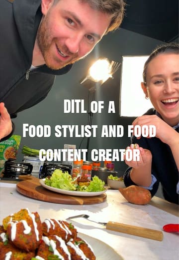 A day in the life of a food stylist and content creator, showing her morning coffee run at Bear Market, a professional food styling shoot for falafel, a lunch break with a chicken taco bowl from Sprout, and a relaxing evening with pizza from The Dough Bros.
