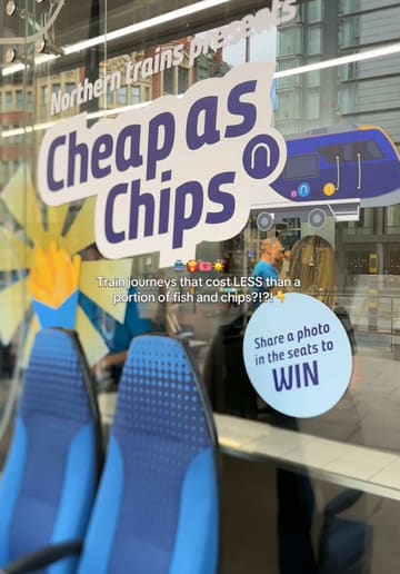 A promotional video for Northern Trains featuring a 'Cheap as Chips' pop-up event at a chip shop in Manchester, highlighting affordable train fares to various northern destinations.